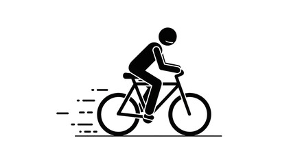 Naklejka premium Fast cycling stick figure icon. Simple black and white illustration of a person riding a bicycle with speed lines.