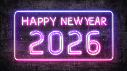 Neon purple happy new year 2026 text dark background