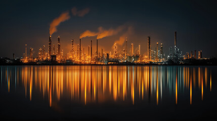Industrial Cityscape at Night: A captivating nighttime panorama of a large industrial complex, showcasing glowing lights and towering structures that illuminate the night sky.