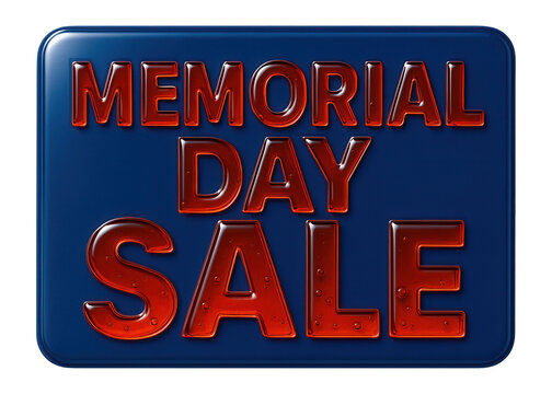 Glossy navy blue tag sticker with MEMORIAL DAY SALE offer in bold red lettering, attractive retail discount sticker on transparent background. - Powered by Adobe