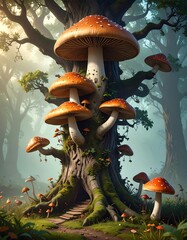 Giant mushrooms sprout from a colossal tree trunk in a sun-drenched forest.  A stone pathway leads into a hollowed-out base