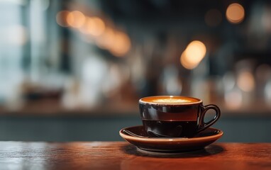 Obraz premium A coffee cup with a saucer sits on a wooden table