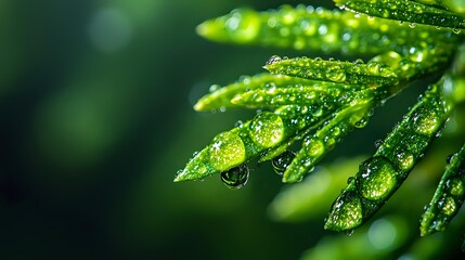 Fresh green fern leaves covered in morning dew drops against dark background, macro nature photography showing water droplets on plant fronds.