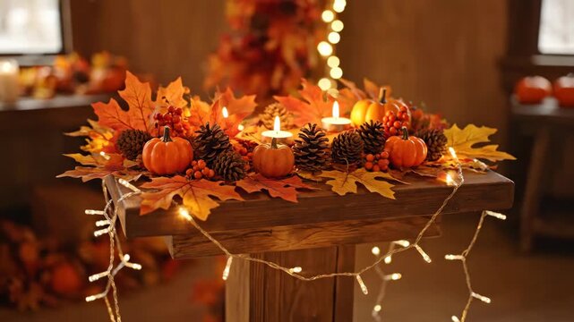 Cozy autumnal table setting adorned with vibrant fall foliage, glowing candles, festive pumpkins, and warm string lights, creating an inviting atmosphere for seasonal gatherings and celebrations