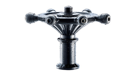 Industrial part glistening with moisture, a close-up of a central component showcasing robust construction and intricate design for engineering projects