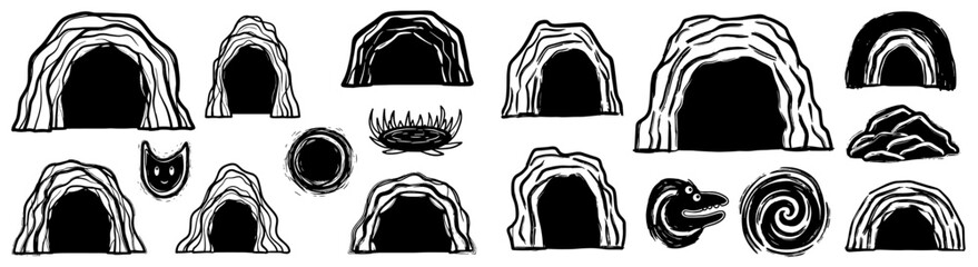 Mysterious Cave Entrance Drawings: Fantasy Caverns Portals in Black and White Ink for Adventure Game Design, Exploration,  Storytelling, Wildlife Habitat Illustration,  Cartoon Fantasy Worlds, Educati