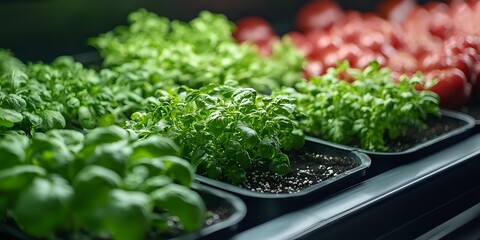 Fresh microgreens growing in black plastic containers under grow lights, showing vibrant green leaves and tender shoots in hydroponic garden setting.