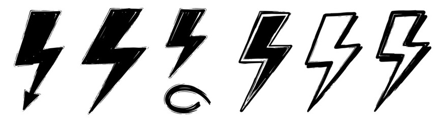 Grunge Lightning Bolt Collection Energetic Force in Graphic Resources Designs, Hand-Drawn Thunder Strike Power Icons, Electrical Discharge Energy, Weather Elements, Dark Outlines, Abstract Symbols for