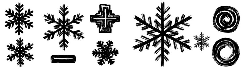Winter Snowflakes Grunge Brush Strokes Abstract Set: Holiday Season Celebration Elements for Christmas, New Year Decoration, Design, Creative Projects, Festive Invitations, Cards, and Elegant Decorati