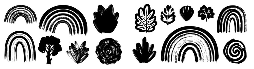 Hand-Drawn Bohemian Nature Elements on White Backdrop: Rustic Brush Stroke Rainbows, Leaves, and Floral Accents for Creative Arts & Crafts, DIY Projects, Modern Logo Design, Branding, Textile Prints,