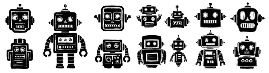 Collection of Retro Robots in Silhouette Style Isolated on White Background for Technology Innovation Concepts and Future Artificial Intelligence Projects, Vintage Automation Machines for Creative Des