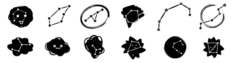Whimsical Constellation Doodles on White Background: Hand-Drawn Star Patterns in Ink for Astrology Education & Celestial Design Projects, Modern Science Illustrations for Children's Books, Marketing &