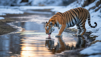 Majestic tiger drinking water from a stream in a snowy winter scene