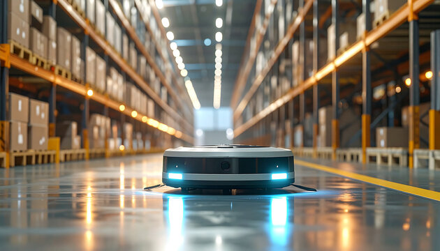 Warehouse Robot Navigate: A futuristic autonomous robot navigate the expansive aisle of a modern warehouse, its glowing sensors illuminate the scene, efficiently managing logistics and operations.