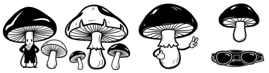 Whimsical Mushroom Characters in Black and White Graphic Set, Delivering a Positive Message, Perfect for Fantasy, Cartoon, Illustration Projects, Ideal for Creative Designs, Posters, and Magical Adven