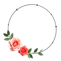 Minimalist circular wreath with pink roses and green leaves on white background, perfect for wedding invitations