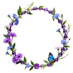Circular flower wreath with purple and blue blossoms, green leaves, and a vibrant blue butterfly on white background