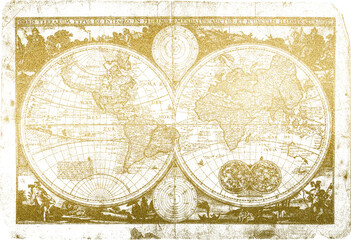 Large gold foil vintage world map texture with a transparent background
