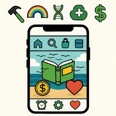 Smartphone screen displaying icons for education health finance and hobbies with a book floating on water