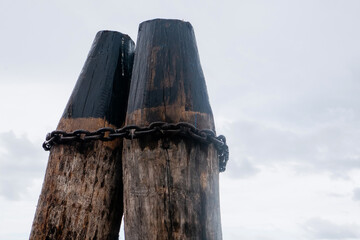 Naklejka premium Low Angle Close-up of Two Thick, Weathered Wooden Mooring Pilings Bound by a Rusted Iron Chain Against a Bright, Overcast Sky in the Venetian Lagoon