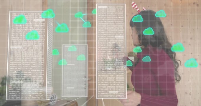 Woman touching piano keys, swiping binary panel and enabling tech data migration into cloud cluster