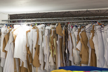 Sewing workshop displaying clothing patterns and fabric pieces