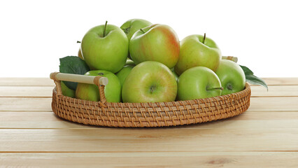 Fresh apples and green leaves on wooden table against white background