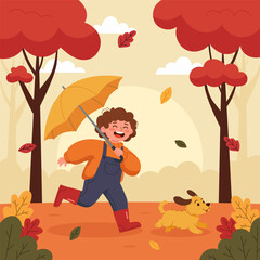 Autumn season illustration square poster design with children chasing dog in the park, falling leaf for social media post, banner, or presentation.	