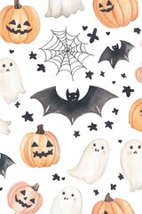 Seamless cute Halloween pattern with hand drawn pumpkins ghosts bats and spider webs on white background playful watercolor style for kids holiday wrapping paper textile or banner