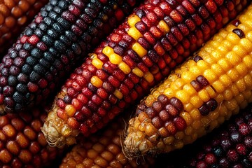 Vibrant multicolored corn cobs showing natural genetic diversity with deep purple, red, and golden yellow kernels in dramatic lighting, fresh from harvest.