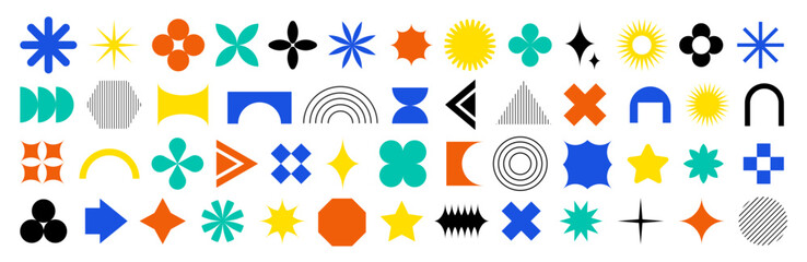 Brutalism geometric abstract colorful shapes. Vector set of retro y2k, bauhaus minimal graphic icons, logos, design elements