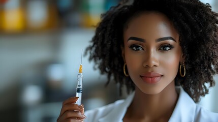 Young African American female medical professional in white coat holding syringe with confident smile, representing healthcare and vaccination in modern clinical setting.
