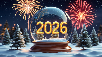 2026 New Year snow globe with festive fireworks and snow-covered trees winter
