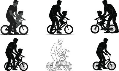 Obraz premium Father teaching child to ride bicycle, parenting support, outdoor activity, learning balance, childhood milestone, family bonding, bike training, silhouette and line art illustration