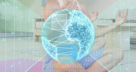 Yoga group closing eyes and inhaling at home, projecting tech globe rotating network lines - Powered by Adobe