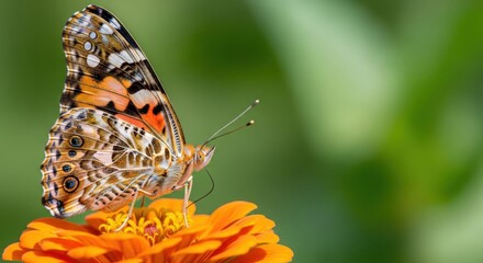 Fototapeta premium Beautiful Painted Lady Butterfly Resting on Orange Zinnia Flower
