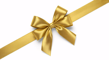 Fototapeta premium A shiny golden ribbon tied in a bow, isolated on white background