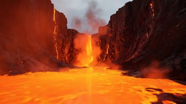 A fiery canyon reveals molten lava flowing between dark, rugged rock walls, smoke rising to a hazy sky