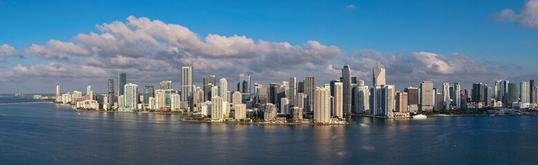 Panorama of Miami skyline. Panorama cityscape of Brickell Miami. Scenic drone view of Florida...