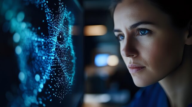 Young woman in blue attire looking at glowing digital DNA helix visualization with particles and data points in dark laboratory setting, science research concept.