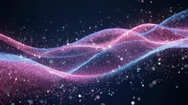 A wave-like, abstract digital art piece comprised of particles in blue and magenta hues on a dark background