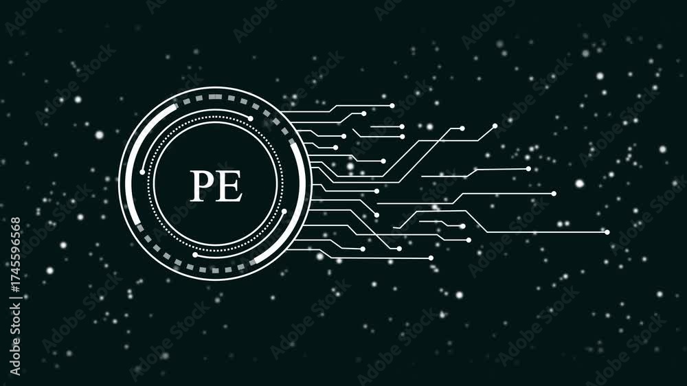 Wall mural futuristic digital h u d element with p e abbreviation glowing on dark background with particles and
