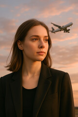 Brunette woman portrait outdoors airplane sunset background