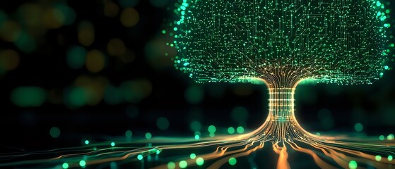Glowing digital tree with circuit-like roots spreading across dark background, green neon lights forming crown and branches, technology concept visualization.