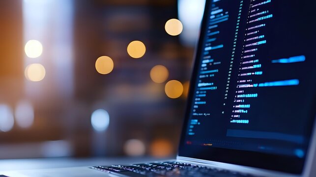 Programming code on laptop screen with blurred bokeh lights in background, dark workspace atmosphere with blue code syntax highlighting on black display.
