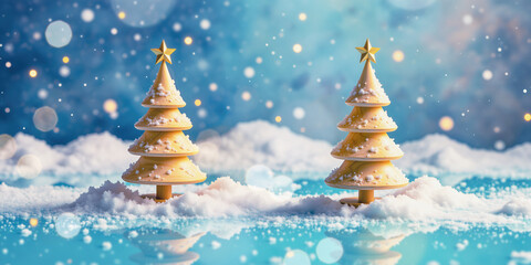 Sfondo a tema invernale Natalizio con abeti innevati realizzati in legno e paesaggio surreale