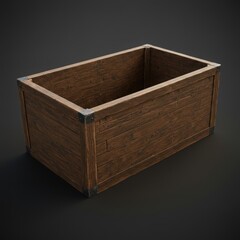 Rustic weathered wooden planter box with metal trim on a dark background