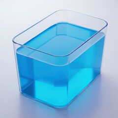 Clear rectangular plastic container filled with vibrant blue liquid on a light gray background