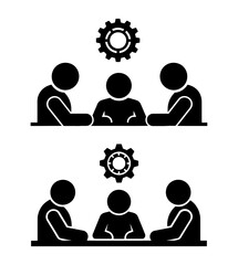 Illustration of business meeting with gears, representing collaboration and problem solving