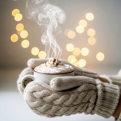 Mittens Holding Hot Cocoa Mug. Warm Winter Comfort Aesthetic.